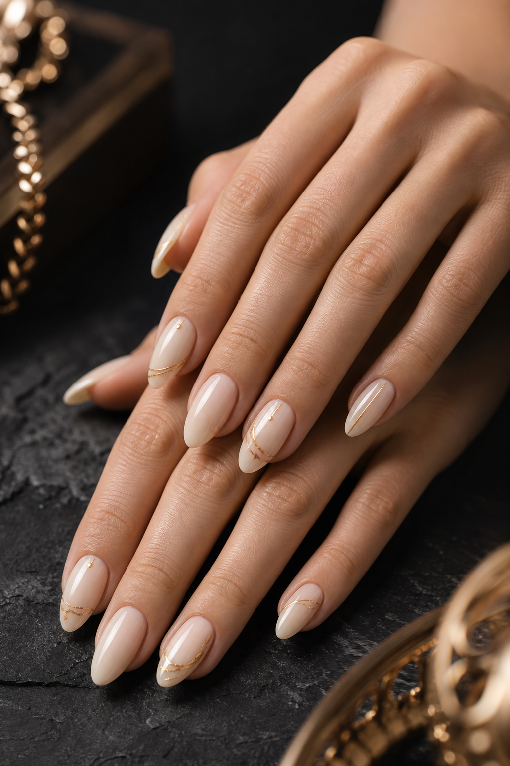 Nude ve altın detaylı nail art uygulaması